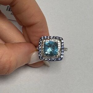 Suzy Levian Silver Blue Topaz, White Topaz, Blue Sapphire Ring Size 7 NWT